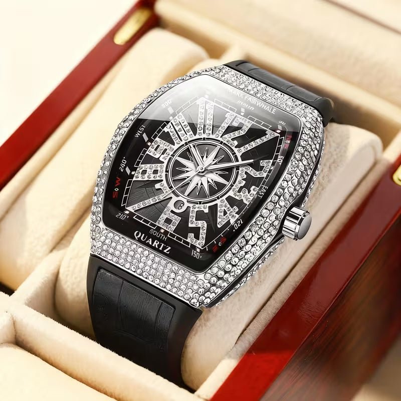 Men’s Iced - Out Square Watch – Retro Dial with Blue Leather Strap (Calendar Function) - Botora Hub