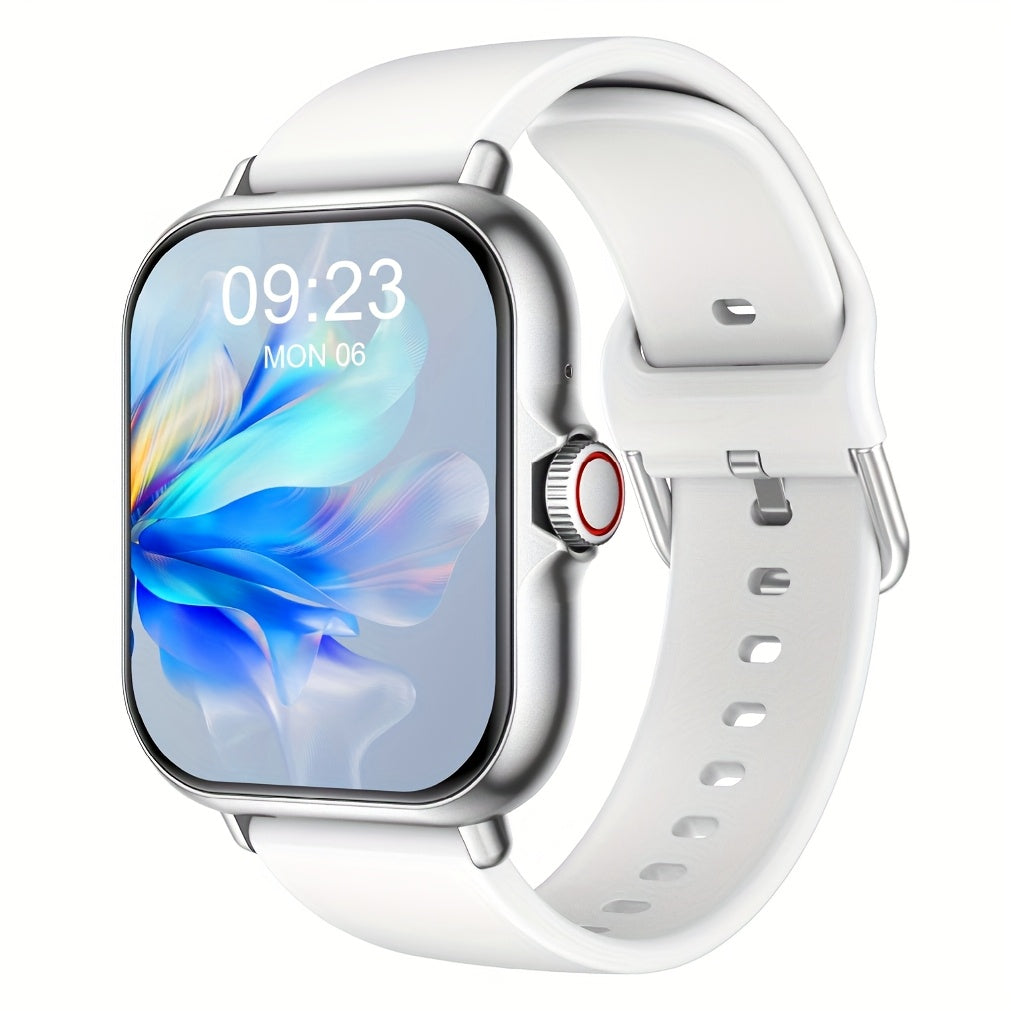 White smartwatch with a colorful display on a white background