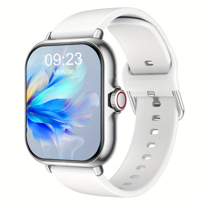 White smartwatch with a colorful display on a white background