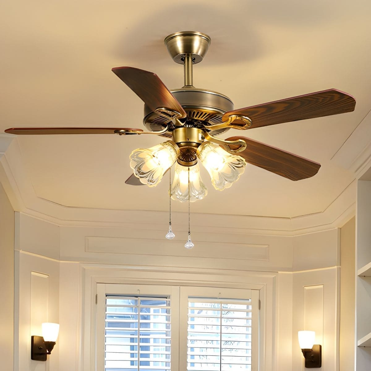 Vintage Iron & Wood Ceiling Fan with Light | Retro Wooden Fan with Glass Shade