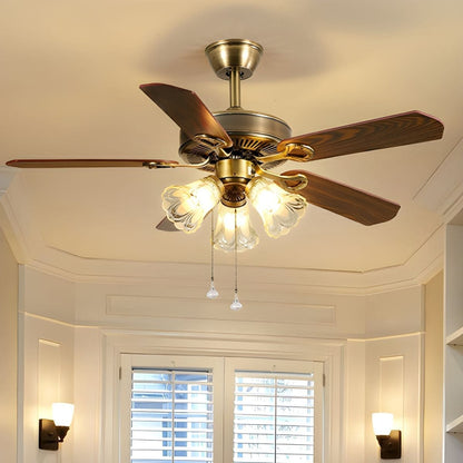 Vintage Iron & Wood Ceiling Fan with Light | Retro Wooden Fan with Glass Shade