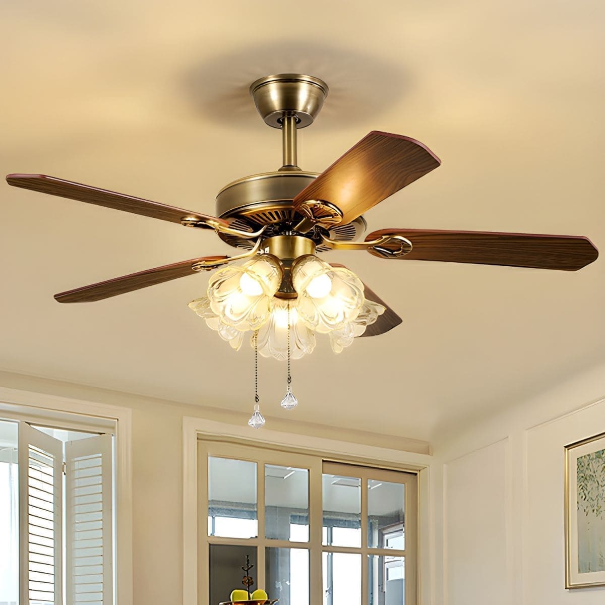 Vintage Iron & Wood Ceiling Fan with Light | Retro Wooden Fan with Glass Shade
