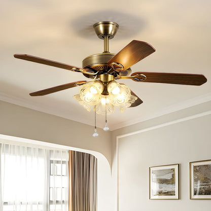 Vintage Iron & Wood Ceiling Fan with Light | Retro Wooden Fan with Glass Shade