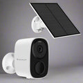 White security camera with solar panel on a white background