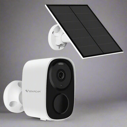 White security camera with solar panel on a white background
