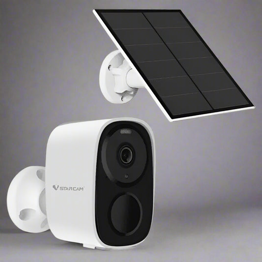 White security camera with solar panel on a white background