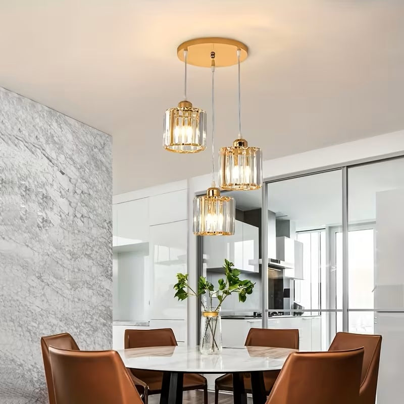 Luxury Modern 3-Light Crystal Pendant Light - E27 Gold Hanging Chandelier For Dining Room, Kitchen, Staircase & Hallway
