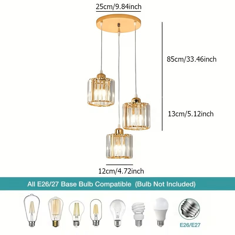Luxury Modern 3-Light Crystal Pendant Light - E27 Gold Hanging Chandelier For Dining Room, Kitchen, Staircase & Hallway