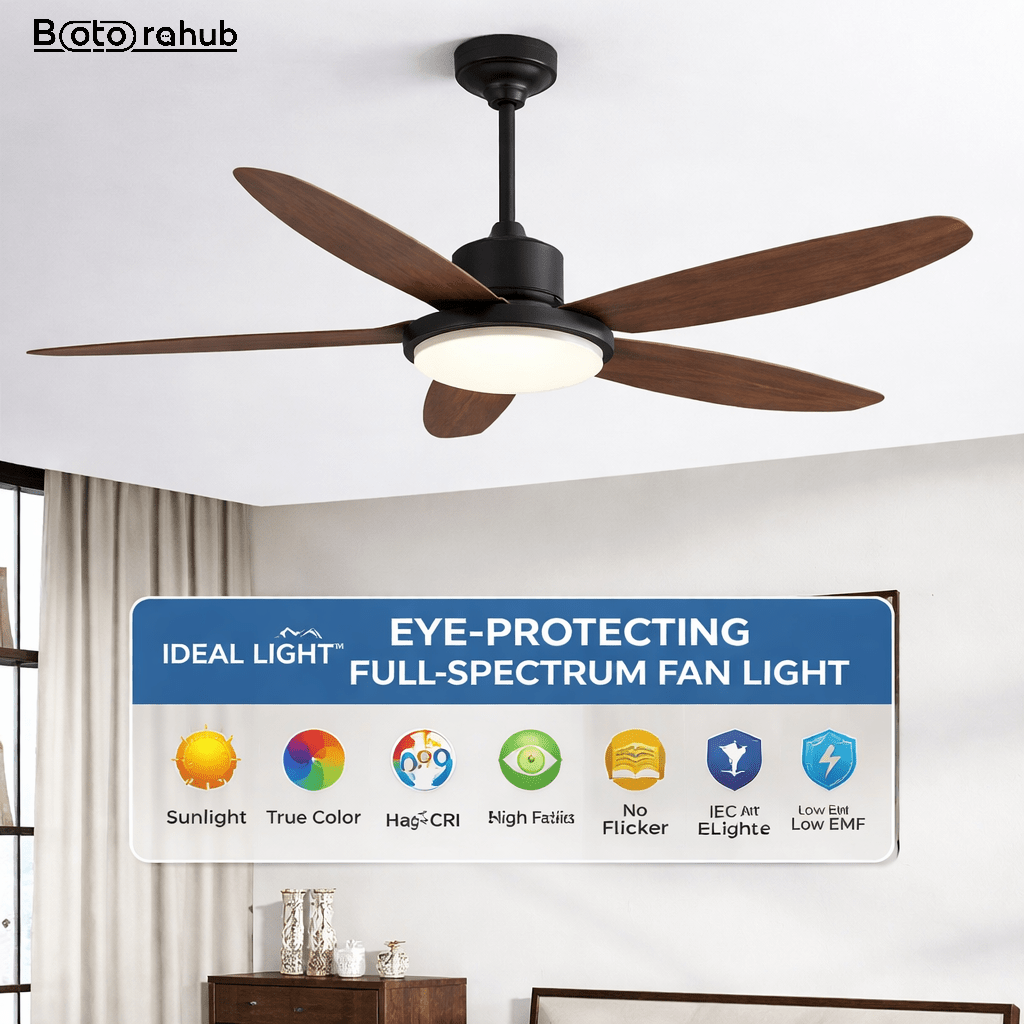 52" Large Airflow Ceiling Fan with LED Light – 5 Blades, Quiet DC Motor, Remote Control, Deep Wood - Botora Hub