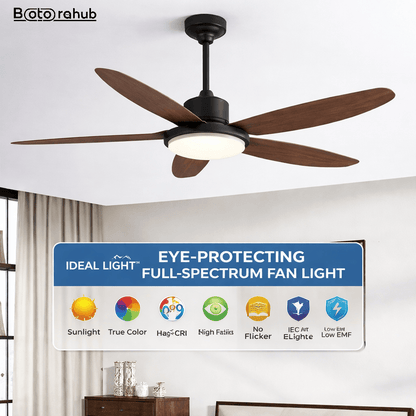 52" Large Airflow Ceiling Fan with LED Light – 5 Blades, Quiet DC Motor, Remote Control, Deep Wood - Botora Hub