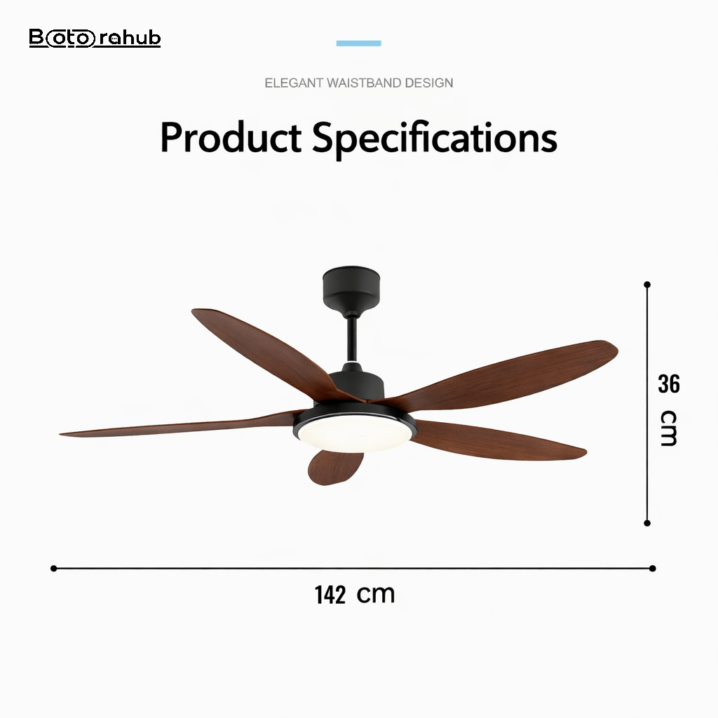 56" Large Airflow Ceiling Fan with LED Light – 5 Blades, Quiet DC Motor, Remote Control, Deep Wood - Botora Hub
