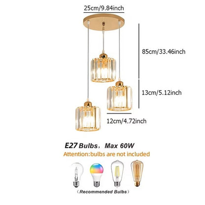 Luxury Modern 3-Light Crystal Pendant Light - E27 Gold Hanging Chandelier For Dining Room, Kitchen, Staircase & Hallway