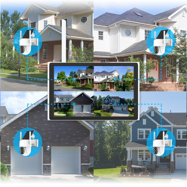 Collage of houses with security cameras and a monitor displaying multiple views.