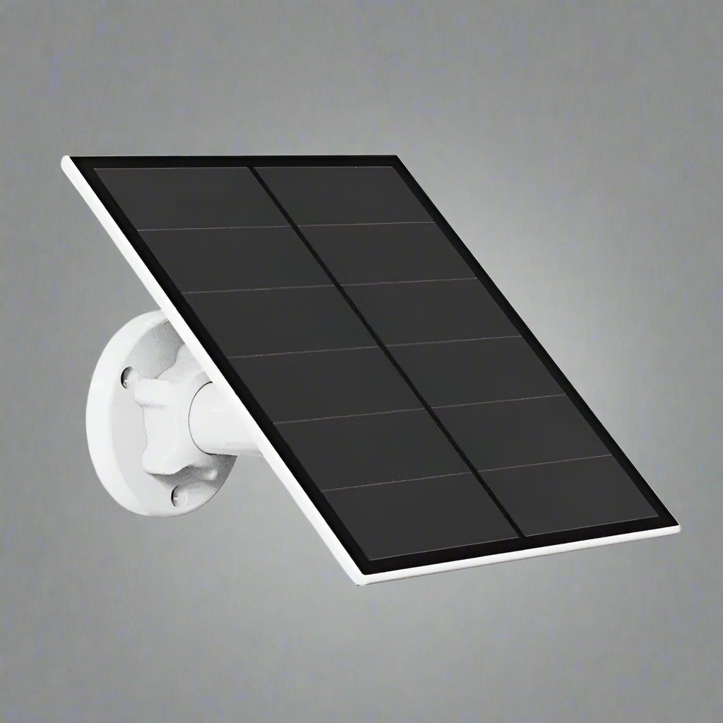 Solar panel attached to a white wall mount on a white background