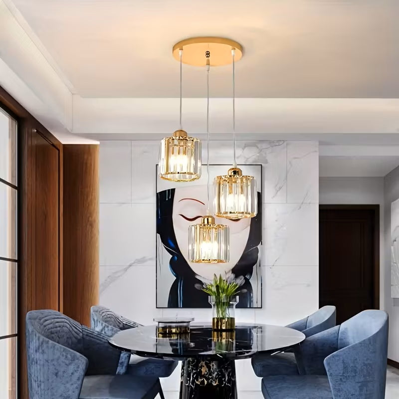 Luxury Modern 3-Light Crystal Pendant Light - E27 Gold Hanging Chandelier For Dining Room, Kitchen, Staircase & Hallway