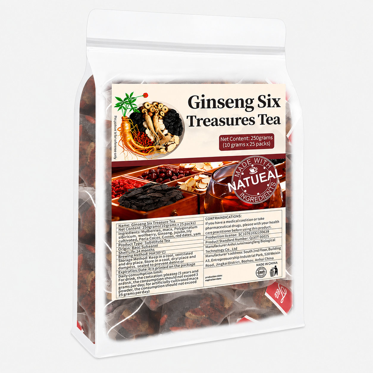 Premium Ginseng Six Treasures Herbal Tea - 2X Tea Per Bag & 67% More Total Quantity - 250g (10g × 25 Bags)