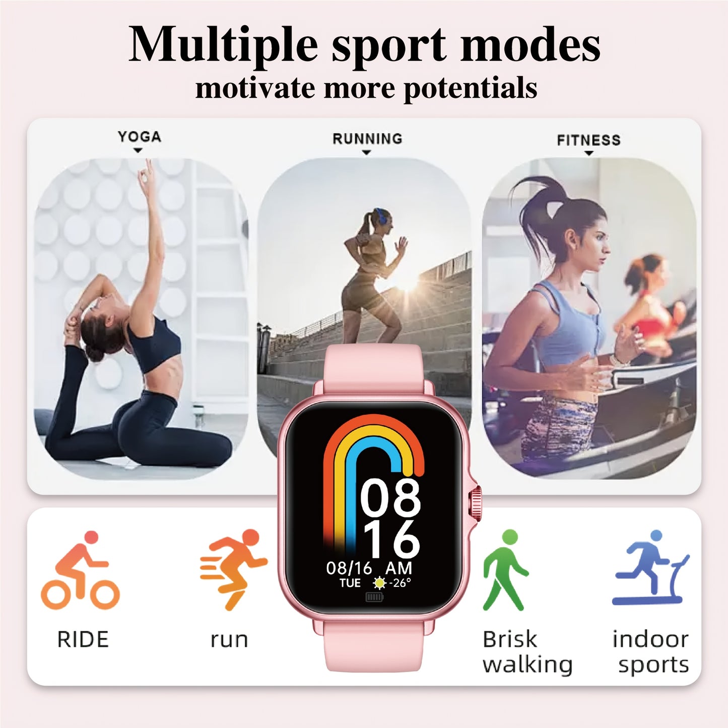 Smartwatch with various sports modes displayed on a light pink background