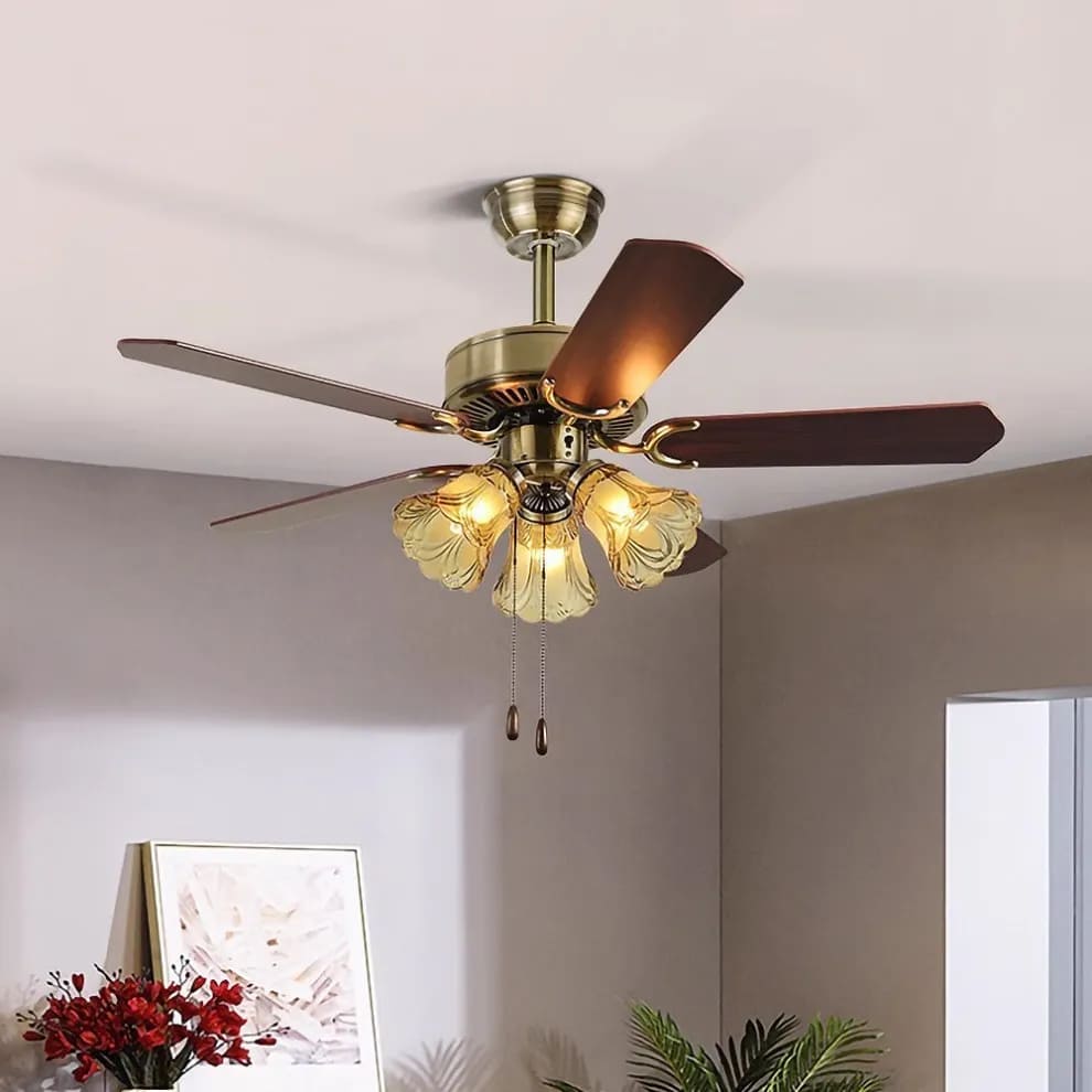 Vintage Iron & Wood Ceiling Fan with Light | Retro Wooden Fan with Glass Shade