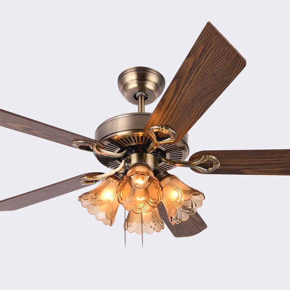 Vintage Iron & Wood Ceiling Fan with Light | Retro Wooden Fan with Glass Shade