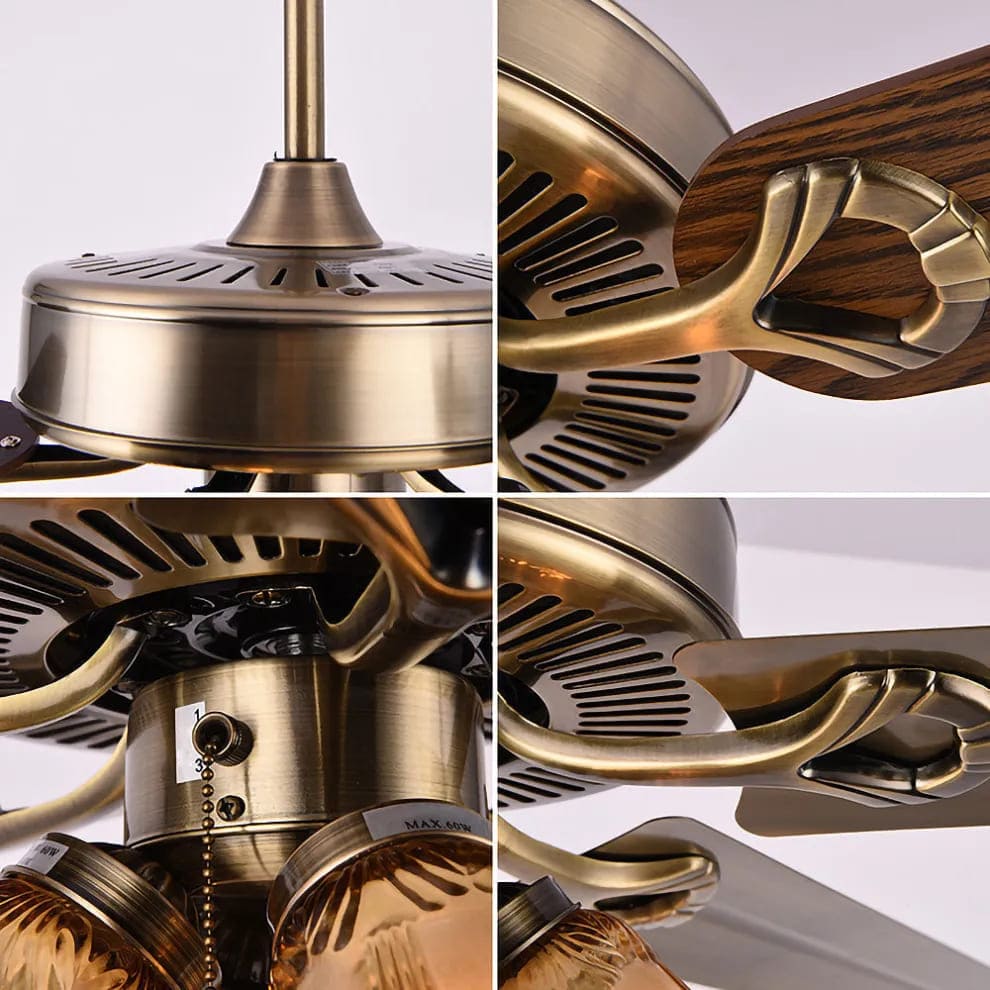 Vintage Iron & Wood Ceiling Fan with Light | Retro Wooden Fan with Glass Shade