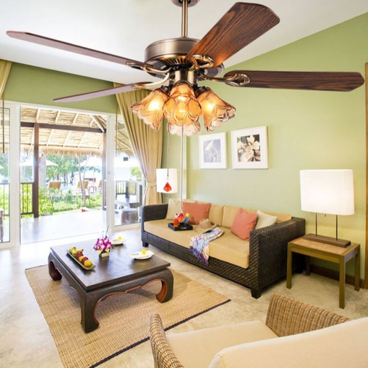 Vintage Iron & Wood Ceiling Fan with Light | Retro Wooden Fan with Glass Shade