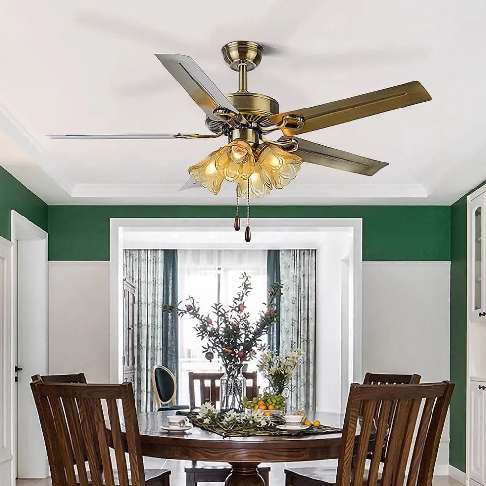 Vintage Iron & Wood Ceiling Fan with Light | Retro Wooden Fan with Glass Shade