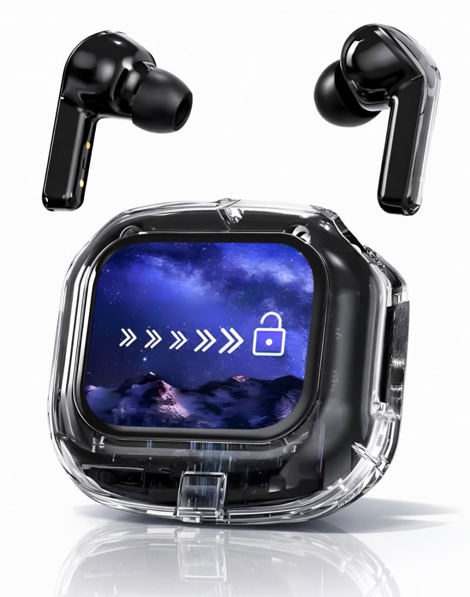 Airmax True Wireless Earbuds – Touch Display, ANC, 6 - Mic HD Calls (Transparent Black) - Botora Hub