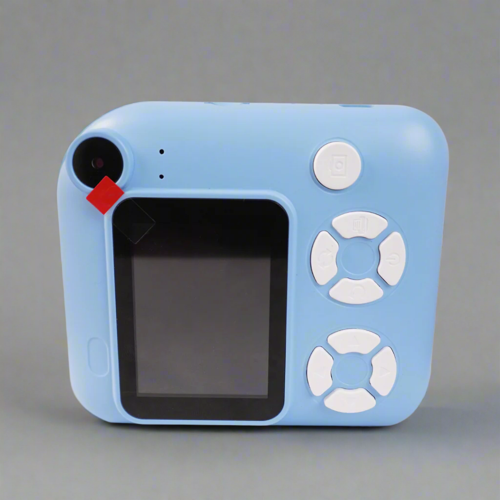 Blue toy camera with screen and buttons on a white background