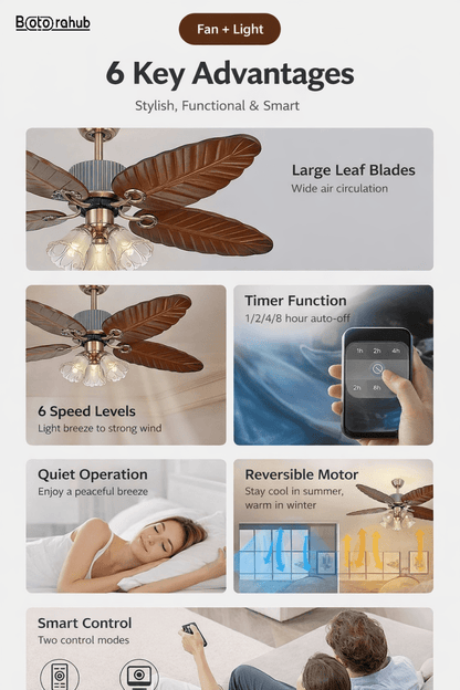 Bali Style Ceiling Fan with Light – 52" Premium Wooden Leaf Design for Modern Living Room | BotoraHub Ghana - Botora Hub