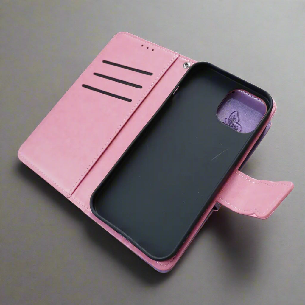 Pink phone case with card slots on a light gray background