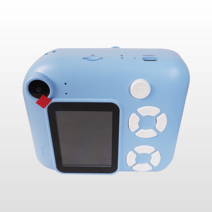 Blue children's camera with a screen on a white background