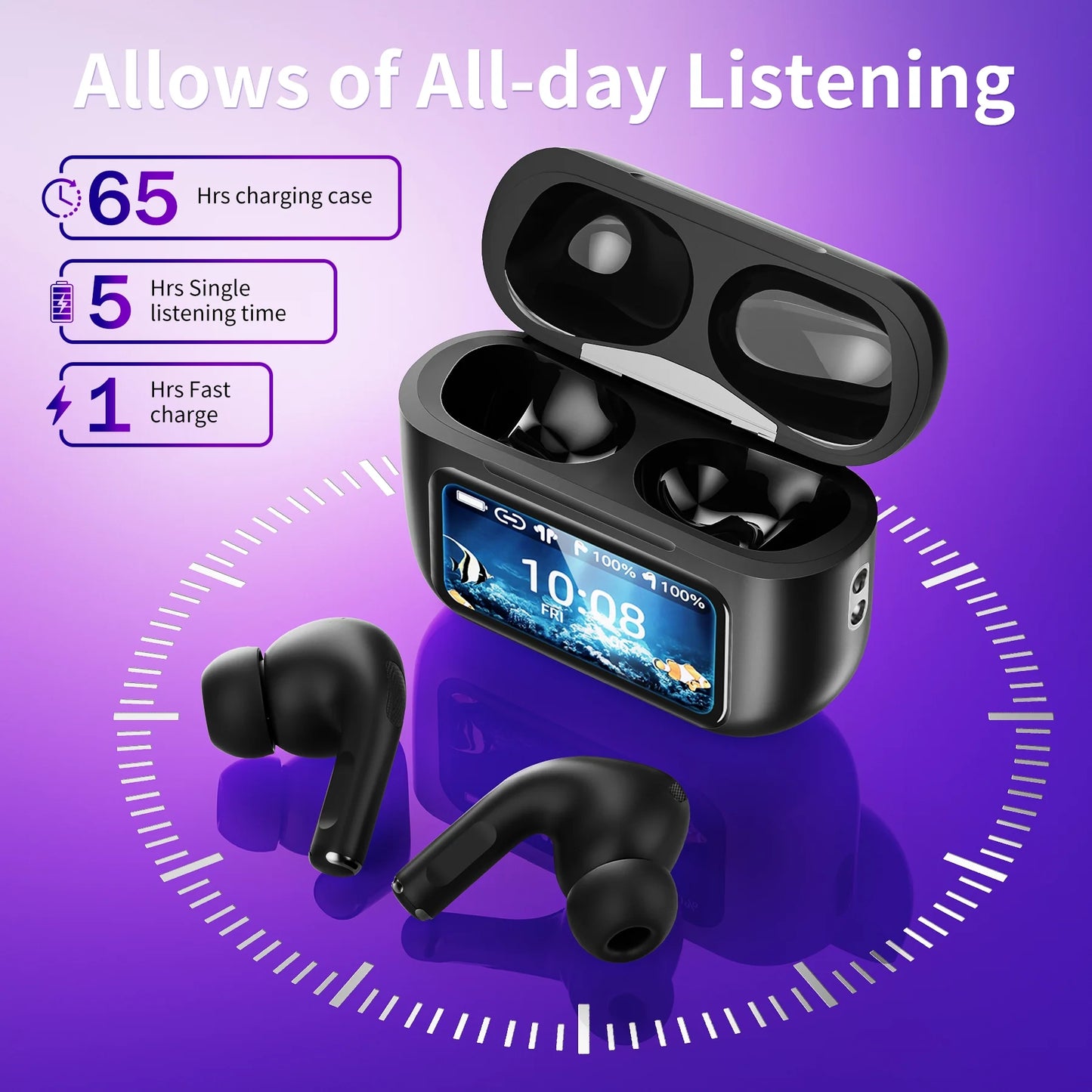 2025 A9Pro Wireless Bluetooth Earbuds – AI Voice Control, ANC Noise Canceling, Long Battery Life, Color Screen Case