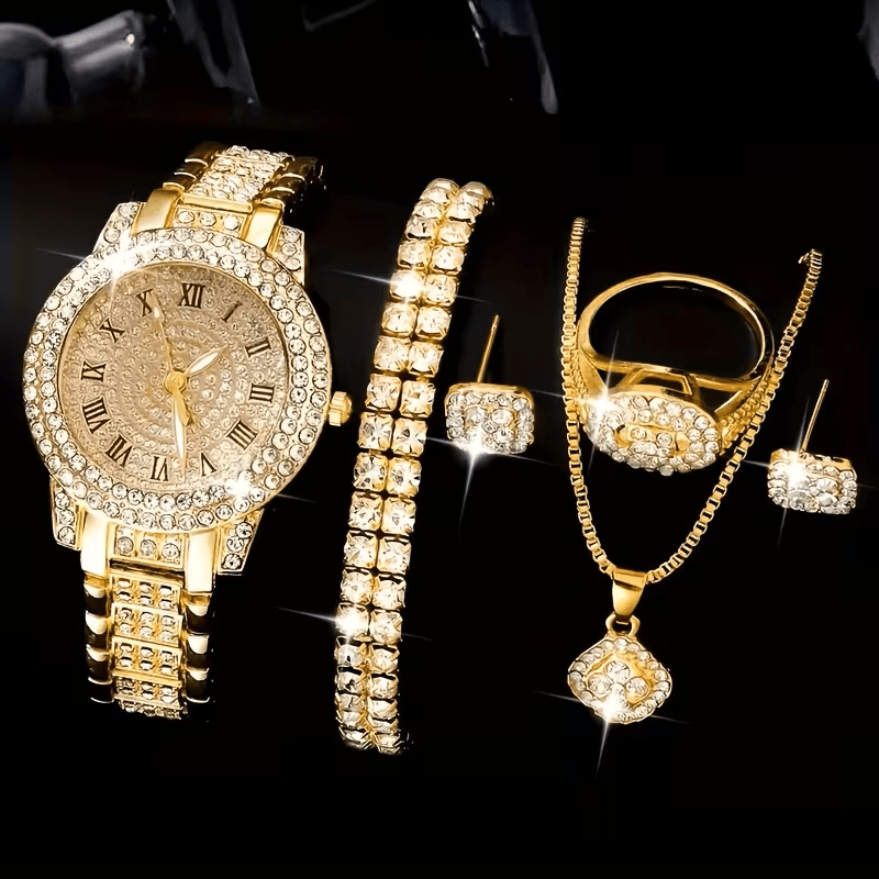 Luxury 5 - in - 1 Women’s Jewelry Set – Rhinestone Watch, Necklace, Bracelet, Ring & Earrings - Botora Hub