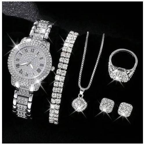 Luxury 5 - in - 1 Women’s Jewelry Set – Rhinestone Watch, Necklace, Bracelet, Ring & Earrings - Botora Hub