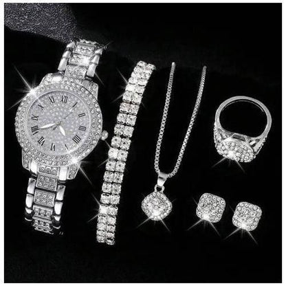 Luxury 5 - in - 1 Women’s Jewelry Set – Rhinestone Watch, Necklace, Bracelet, Ring & Earrings - Botora Hub