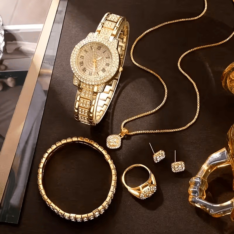 Luxury 5 - in - 1 Women’s Jewelry Set – Rhinestone Watch, Necklace, Bracelet, Ring & Earrings - Botora Hub
