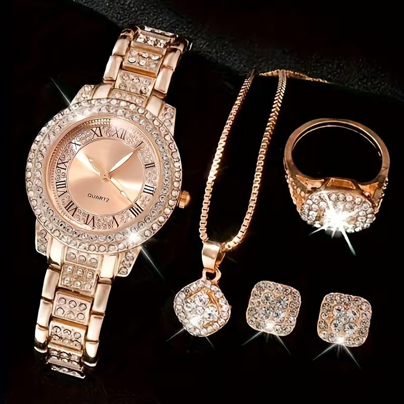 Luxury 5 - in - 1 Women’s Jewelry Set – Rhinestone Watch, Necklace, Bracelet, Ring & Earrings - Botora Hub