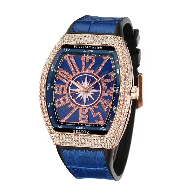Men’s Iced - Out Square Watch – Retro Dial with Blue Leather Strap (Calendar Function) - Botora Hub