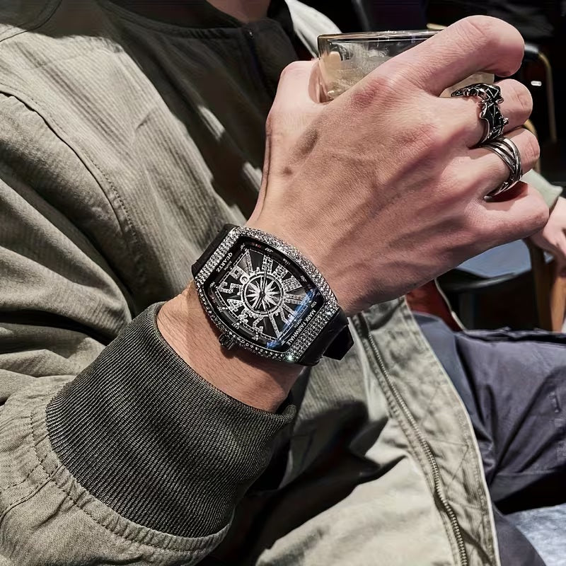 Men’s Iced - Out Square Watch – Retro Dial with Blue Leather Strap (Calendar Function) - Botora Hub