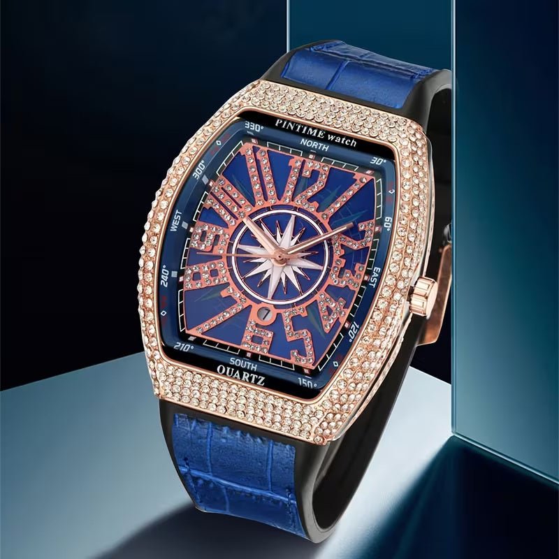 Men’s Iced - Out Square Watch – Retro Dial with Blue Leather Strap (Calendar Function) - Botora Hub