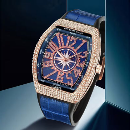Men’s Iced - Out Square Watch – Retro Dial with Blue Leather Strap (Calendar Function) - Botora Hub