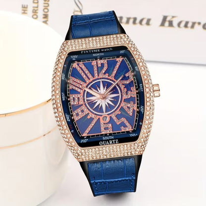 Men’s Iced - Out Square Watch – Retro Dial with Blue Leather Strap (Calendar Function) - Botora Hub