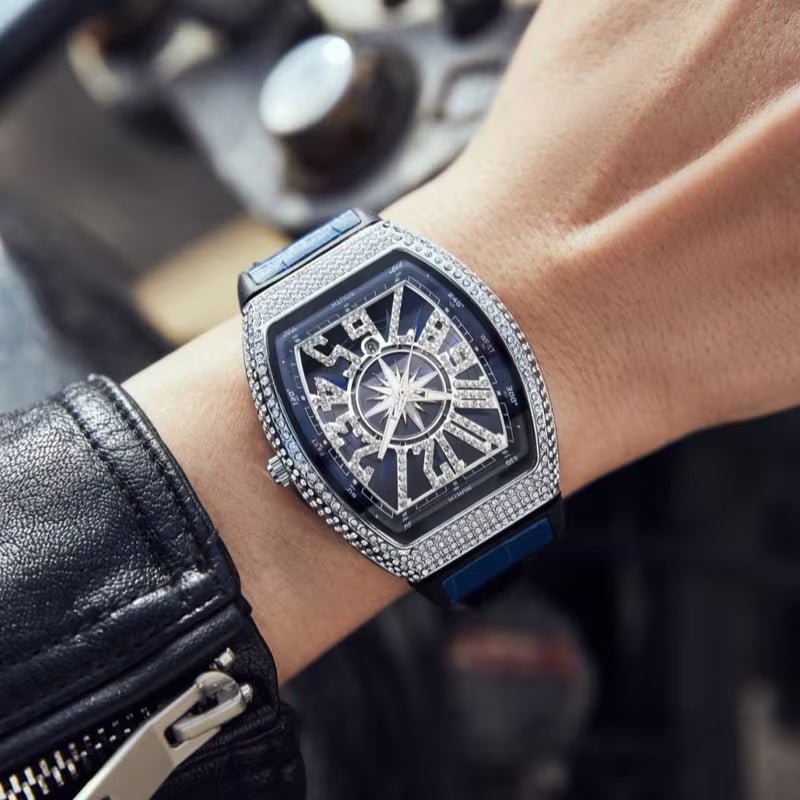 Men’s Iced - Out Square Watch – Retro Dial with Blue Leather Strap (Calendar Function) - Botora Hub