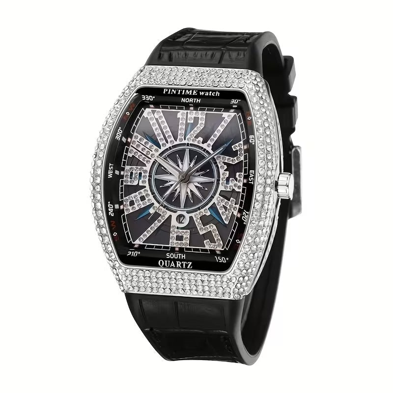 Men’s Iced - Out Square Watch – Retro Dial with Blue Leather Strap (Calendar Function) - Botora Hub