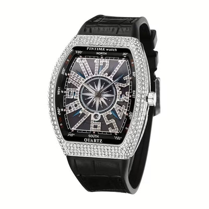 Men’s Iced - Out Square Watch – Retro Dial with Blue Leather Strap (Calendar Function) - Botora Hub
