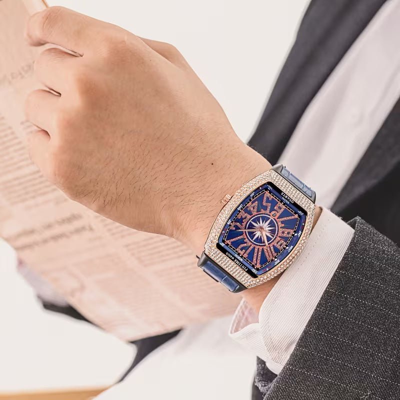 Men’s Iced - Out Square Watch – Retro Dial with Blue Leather Strap (Calendar Function) - Botora Hub