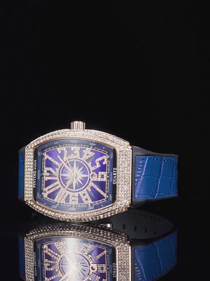 Men’s Iced-Out Square Watch – Retro Dial with Blue Leather Strap (Calendar Function)