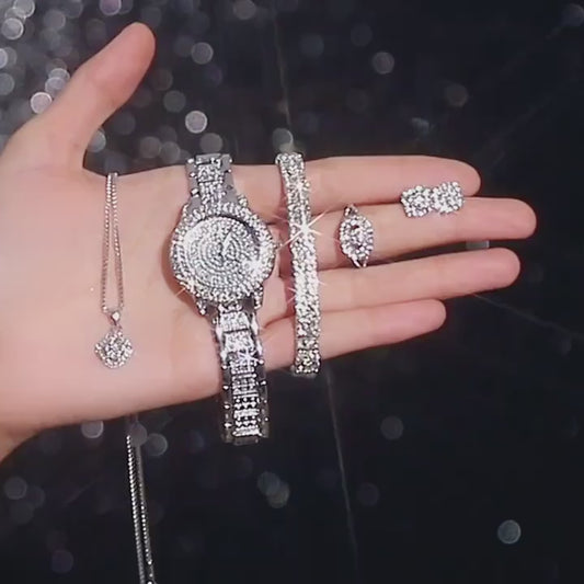 Luxury 5-in-1 Women’s Jewelry Set – Rhinestone Watch, Necklace, Bracelet, Ring & Earrings