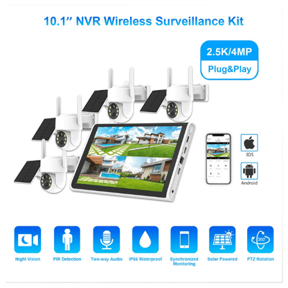 Solar Powered Wireless Security Camera System 4Channel 3MP CCTV Kit with 10" NVR Monitor, WiFi IP Cameras, Night Vision, Outdoor Home Surveillance - Botora Hub
